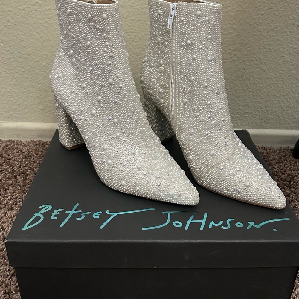 Betsey Johnson Ivory Pearl-Embellished Pointed Ankle Boots
